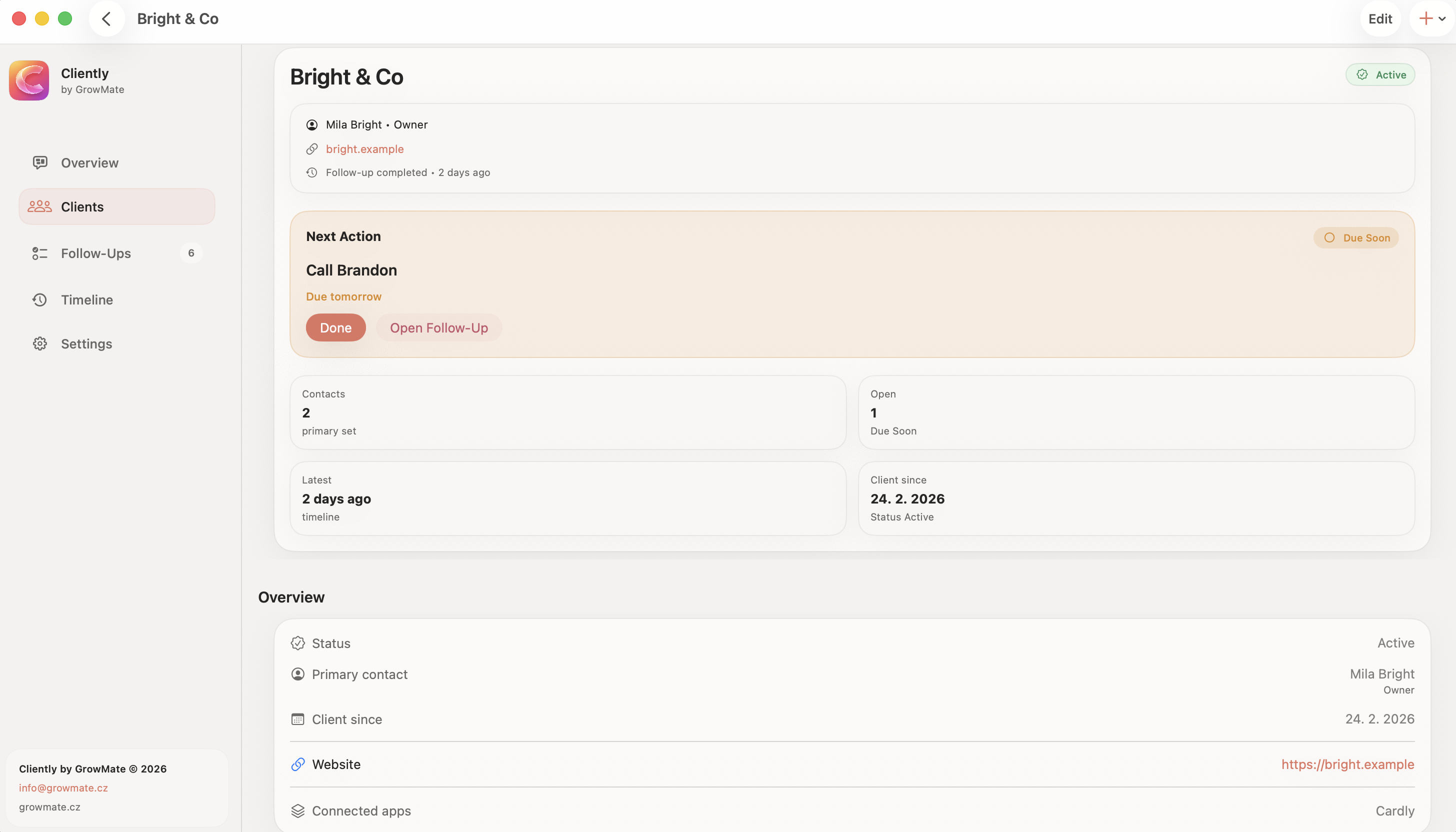 Client detail preview in Cliently