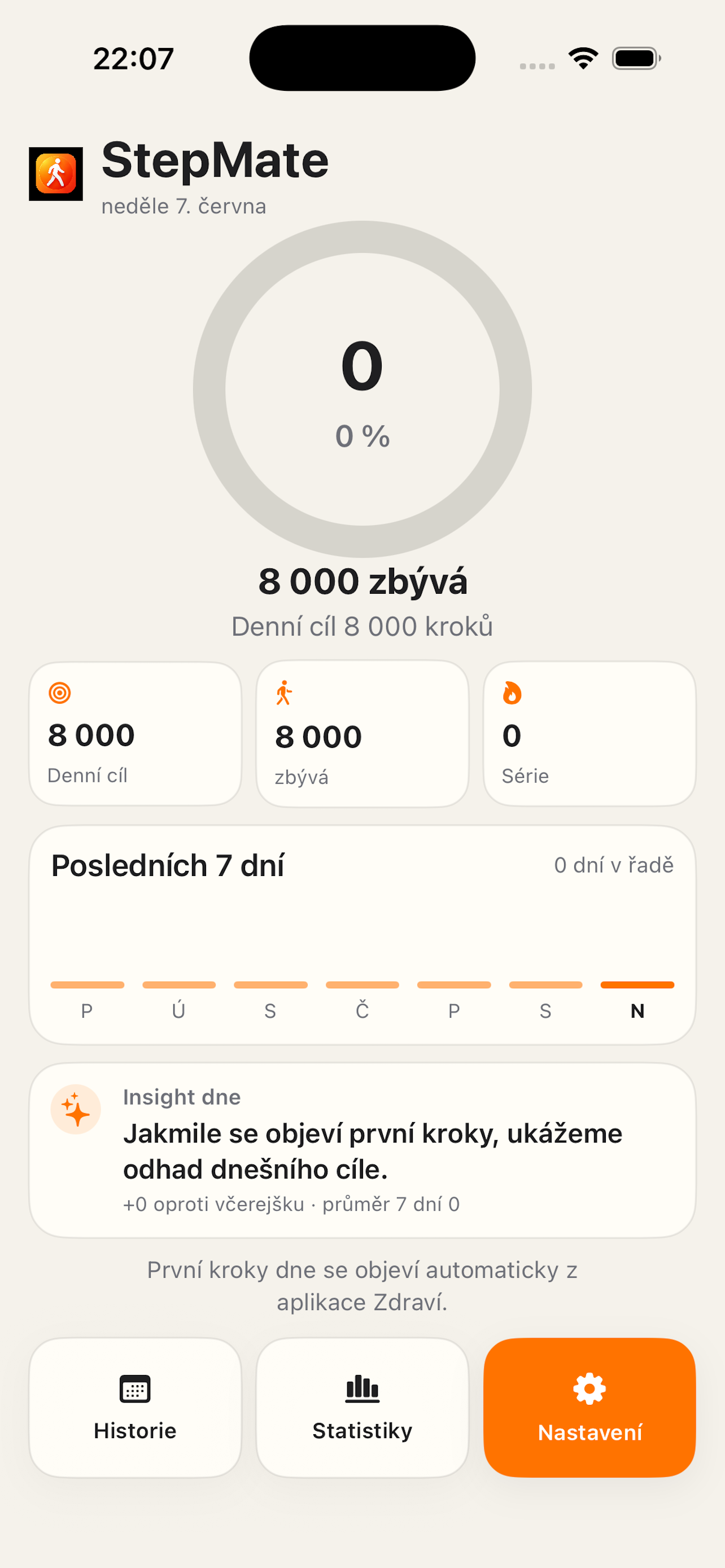 Denní přehled StepMate na iPhonu
