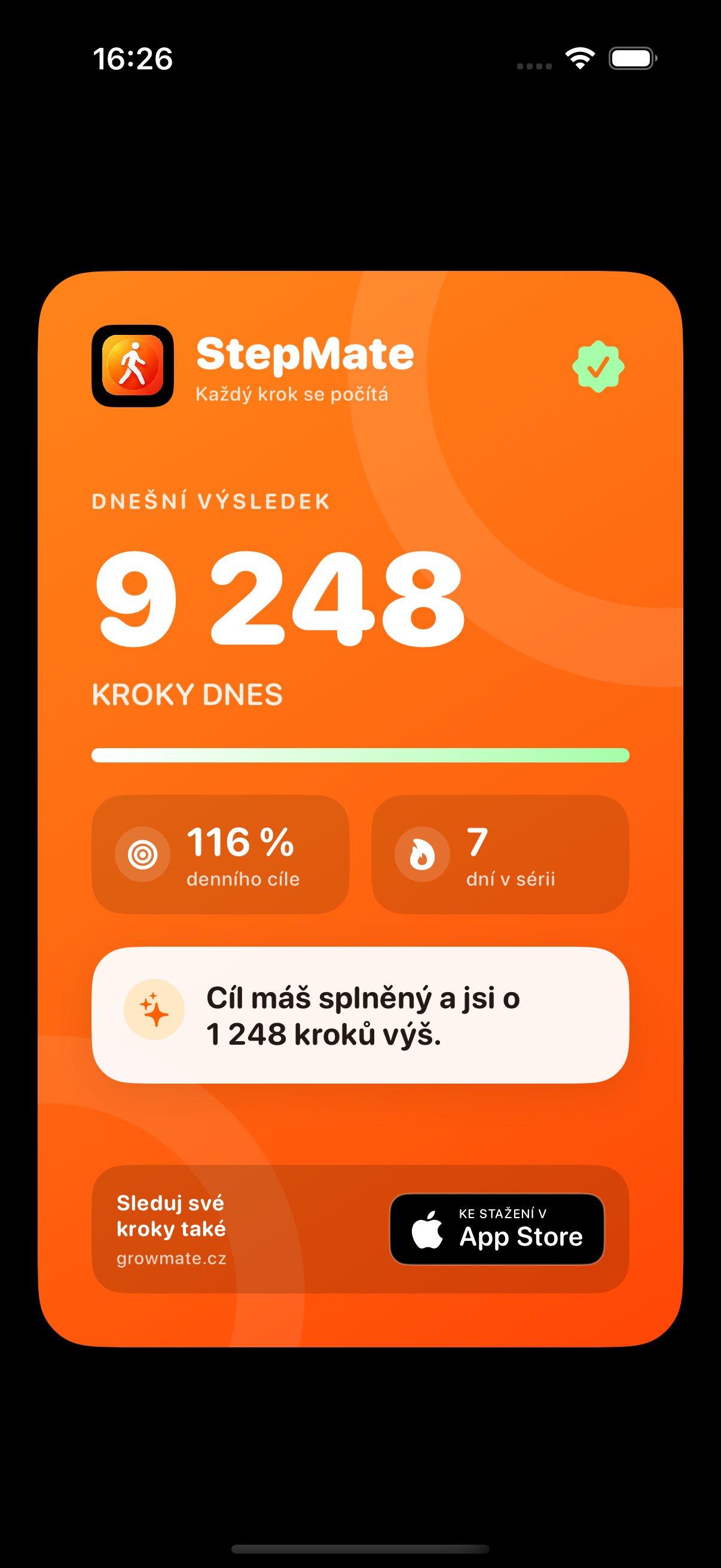 Sdílecí karta úspěchu ze StepMate