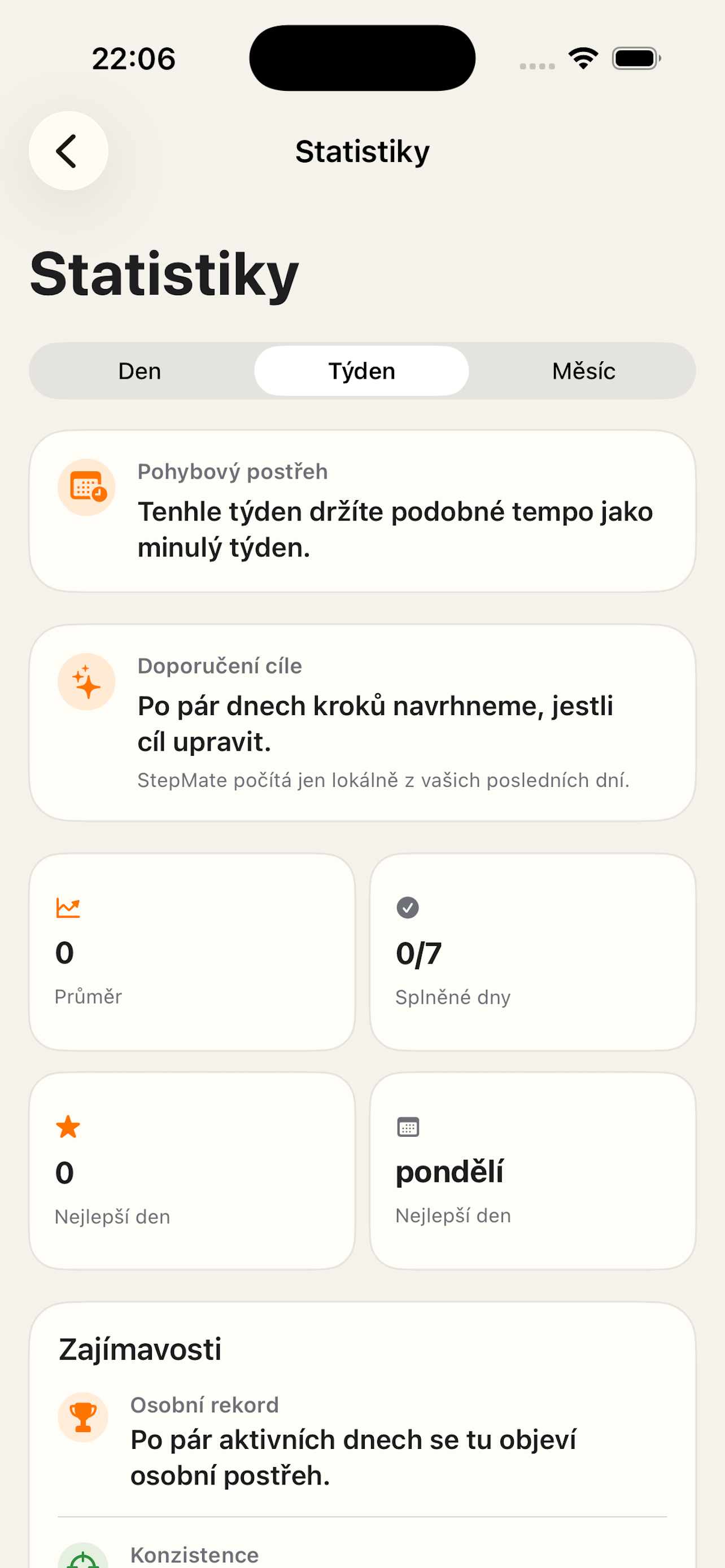 Týdenní statistiky pohybu ve StepMate