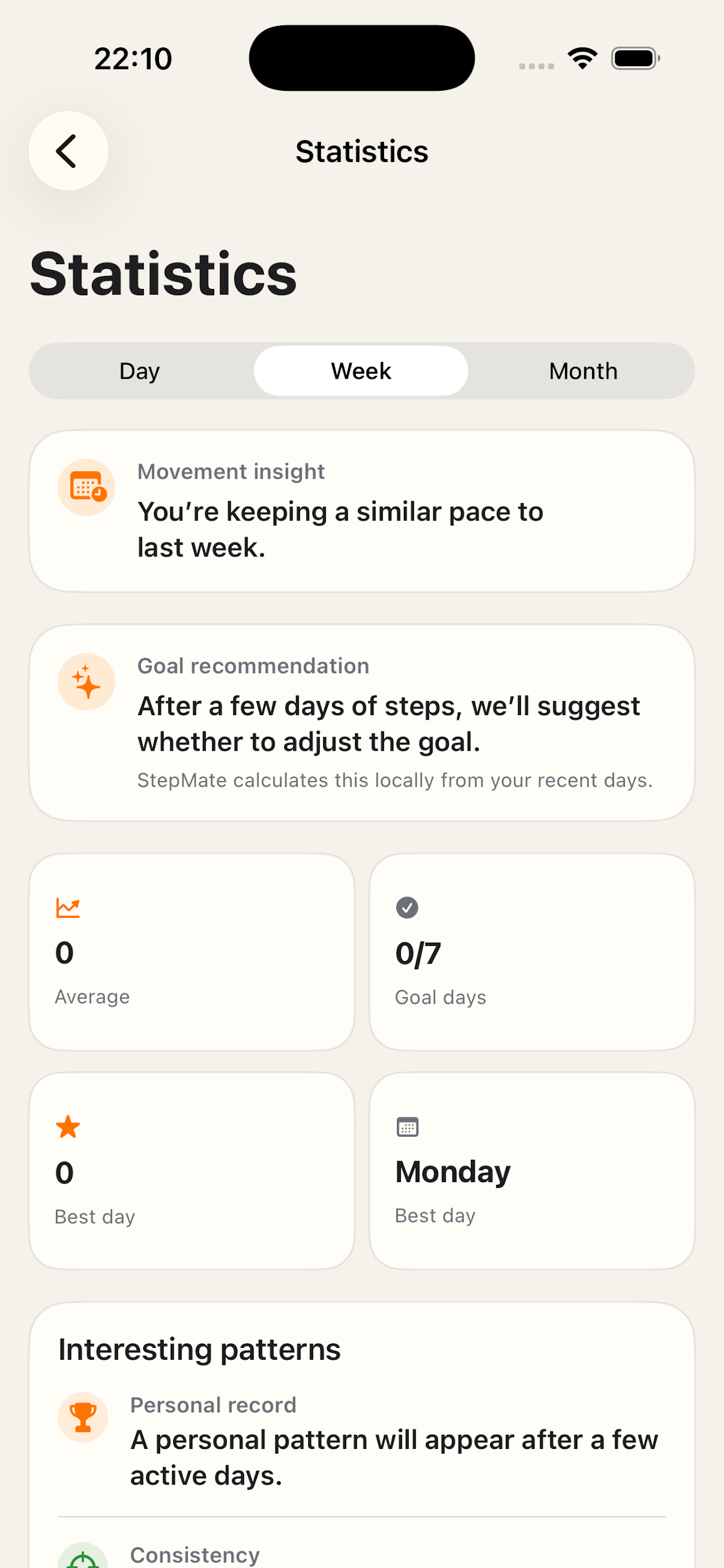 StepMate weekly movement statistics