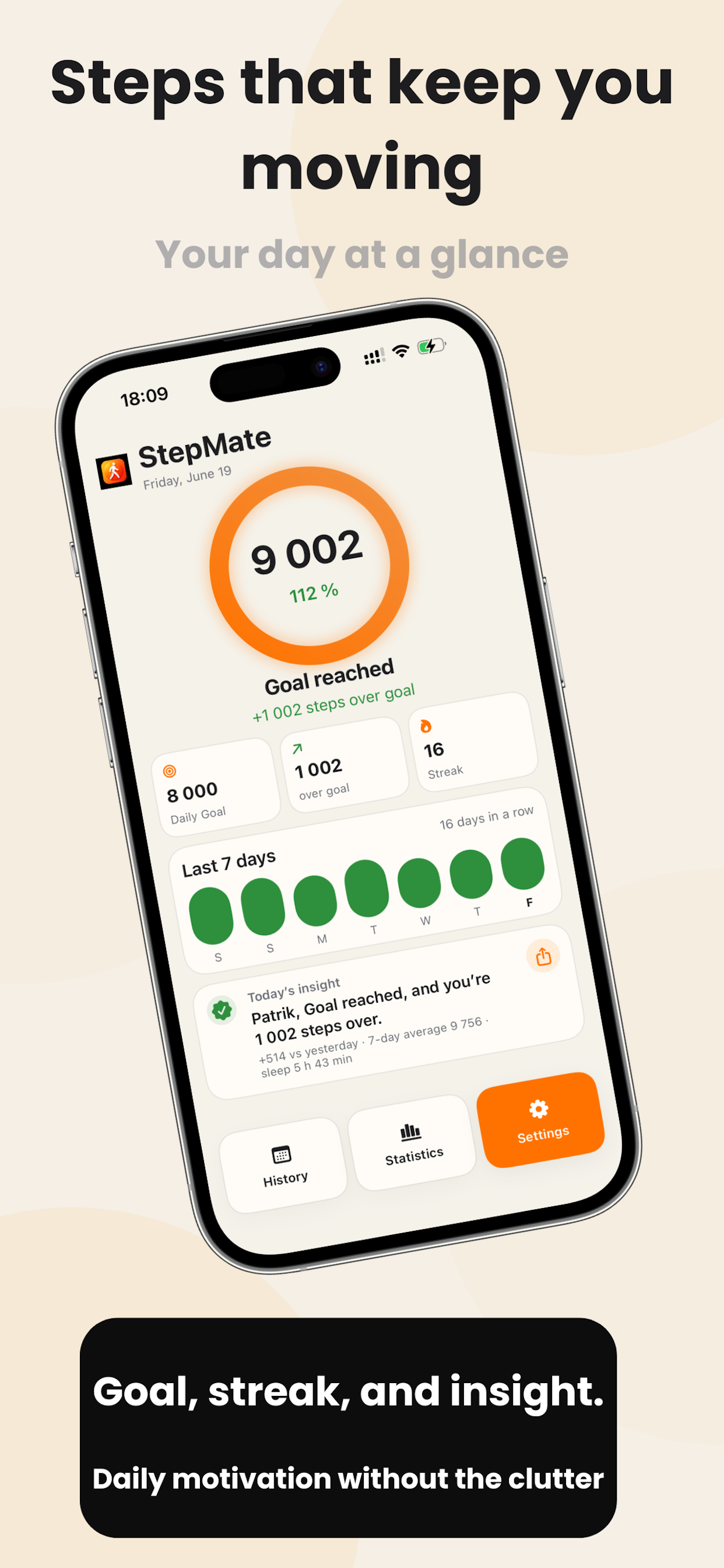 StepMate daily progress, goal, streak and insight