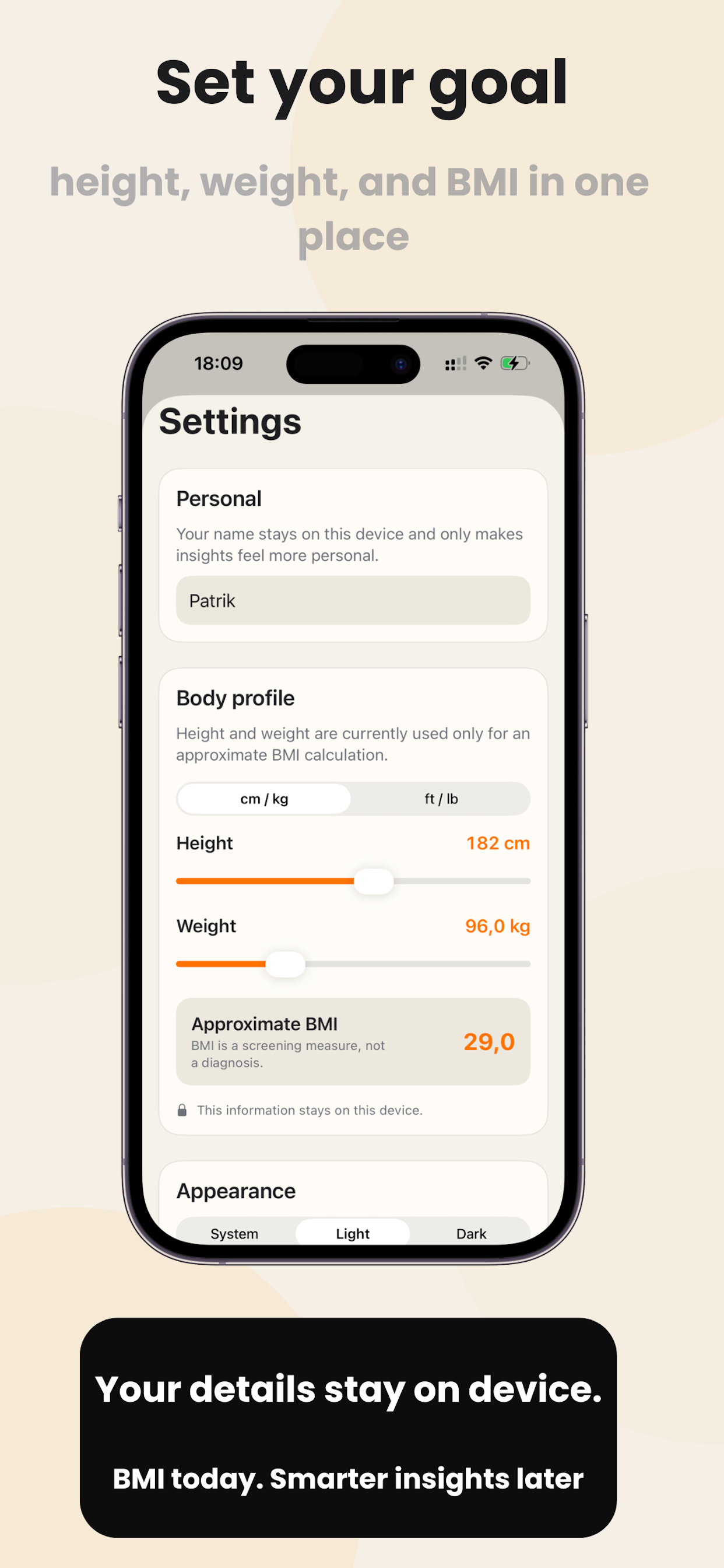 StepMate goal, body profile and BMI settings