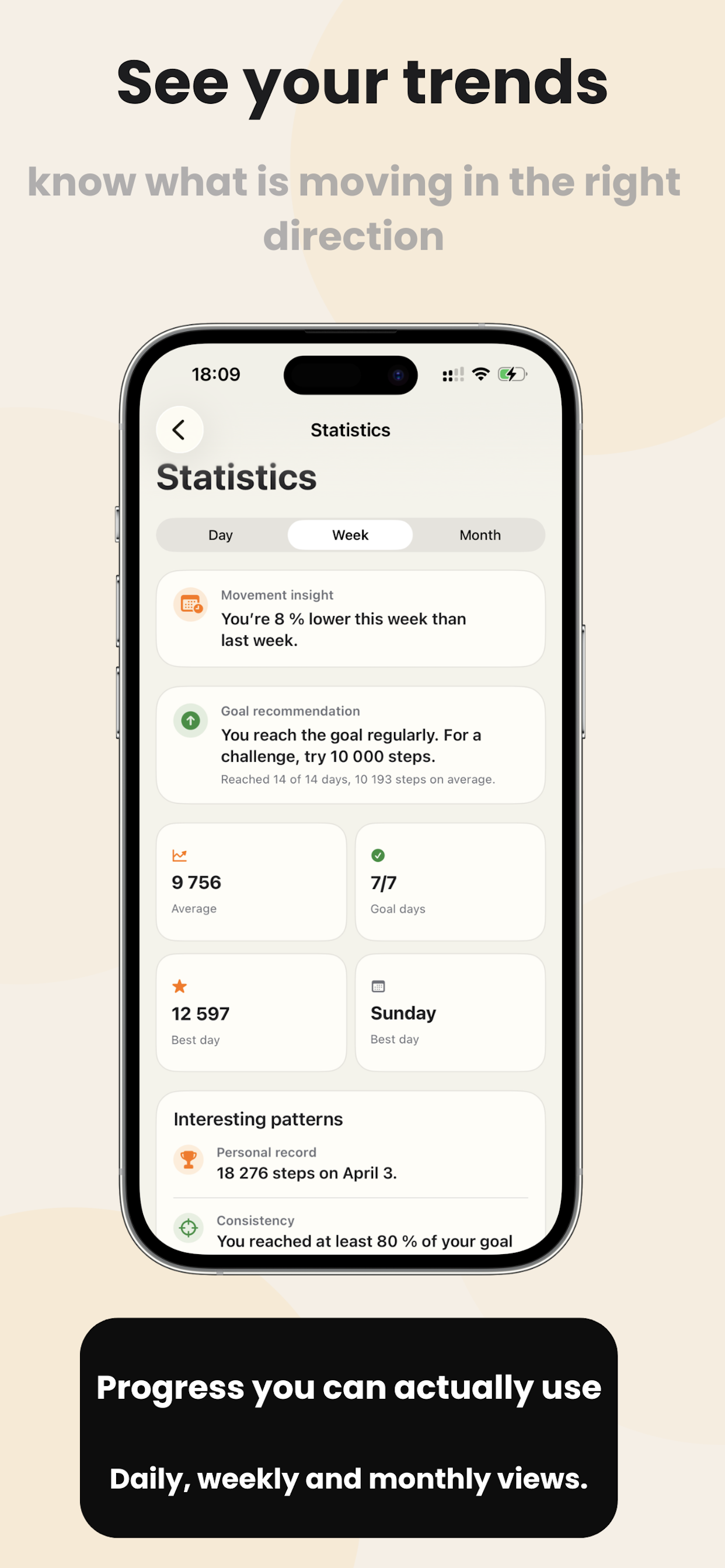 StepMate daily, weekly and monthly movement statistics